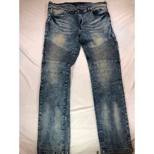Reason Brand Mens Moto Biker Jeans Acid Wash Blue Distressed Slim Straight 38x30
